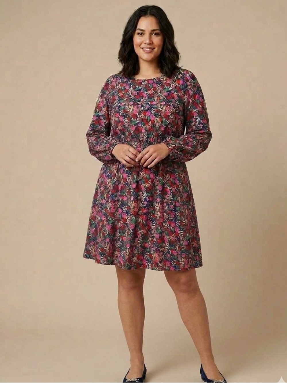 Draper James Navy Floral Long-Sleeve Dress - Pink & Red Flower Print - Size XL